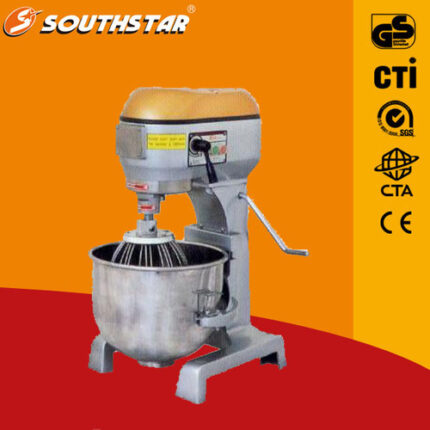 The Southstar NFB-20 is a 20-liter planetary mixer with a power of 0.7 Kw and dimensions of 500x530x840 mm, weighing 82 kg. It features a durable, heat-treated planetary gear system for low-noise, efficient mixing and comes with interchangeable accessories: a beater for cakes and cream, a dough arm for heavy dough, and a wire whip for liquids